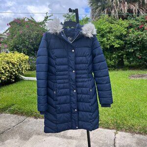 Hollister Puffer Collection Navy Blue Midi Faux Fur Trim Quilted Jacket Size M